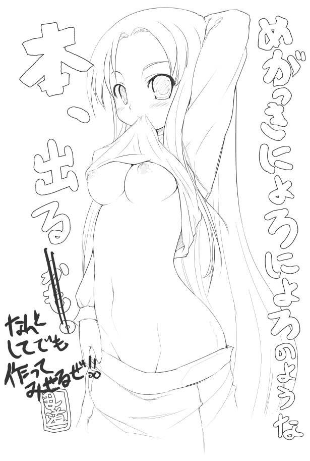 breasts female female_only human long_hair monochrome mouth_hold nipples randou shirt_lift solo suzumiya_haruhi_no_yuuutsu tsuruya undressing very_long_hair