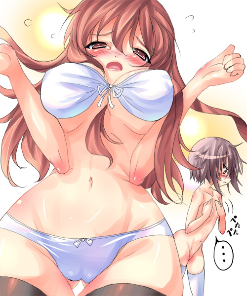 asahina_mikuru bandeau_bikini bra breast_envy breast_squeeze breasts lingerie nagato_yuki navel nude open_mouth panties shiny shiny_skin shiranagi suzumiya_haruhi_no_yuuutsu thigh_gap thighhighs thighs underboob underwear