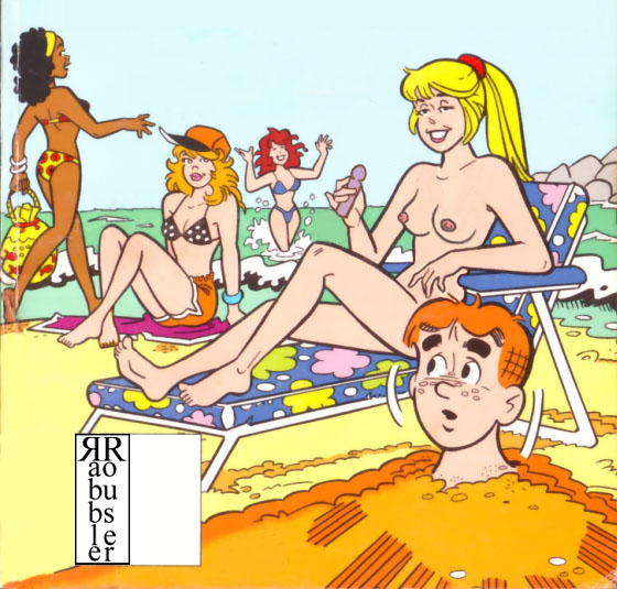 4girls archie_andrews archie_comics beach betty_and_veronica betty_cooper black_hair blonde_hair breasts dark-skinned_female dark_skin dildo multiple_girls nancy_woods nude rabblerouser