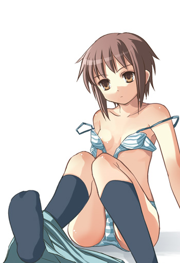 arm_support black_kneehighs black_legwear bra female female_only footwear green_bra green_panties human kneehighs lingerie nagato_yuki open_bra panties short_hair sitting skirt_pull socks solo strap_slip striped striped_bra striped_panties suzumiya_haruhi_no_yuuutsu underwear yuuji