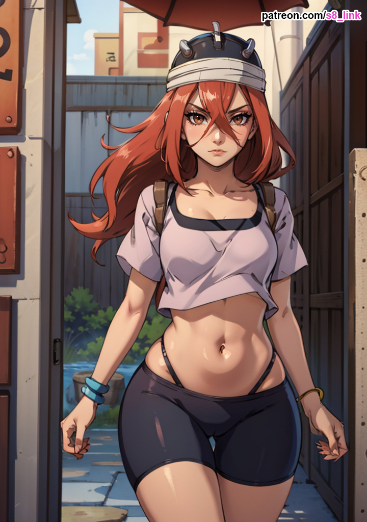 ai_generated ass big_ass big_breasts bike_shorts black_bike_shorts black_thong breasts brown_eyes female female_only hat huge_ass large_ass large_breasts light-skinned_female light_skin long_hair looking_at_viewer naruto naruto_(series) navel red_hair s8link shirt short_shorts shorts tayuya thighs thong voluptuous voluptuous_female wide_hips