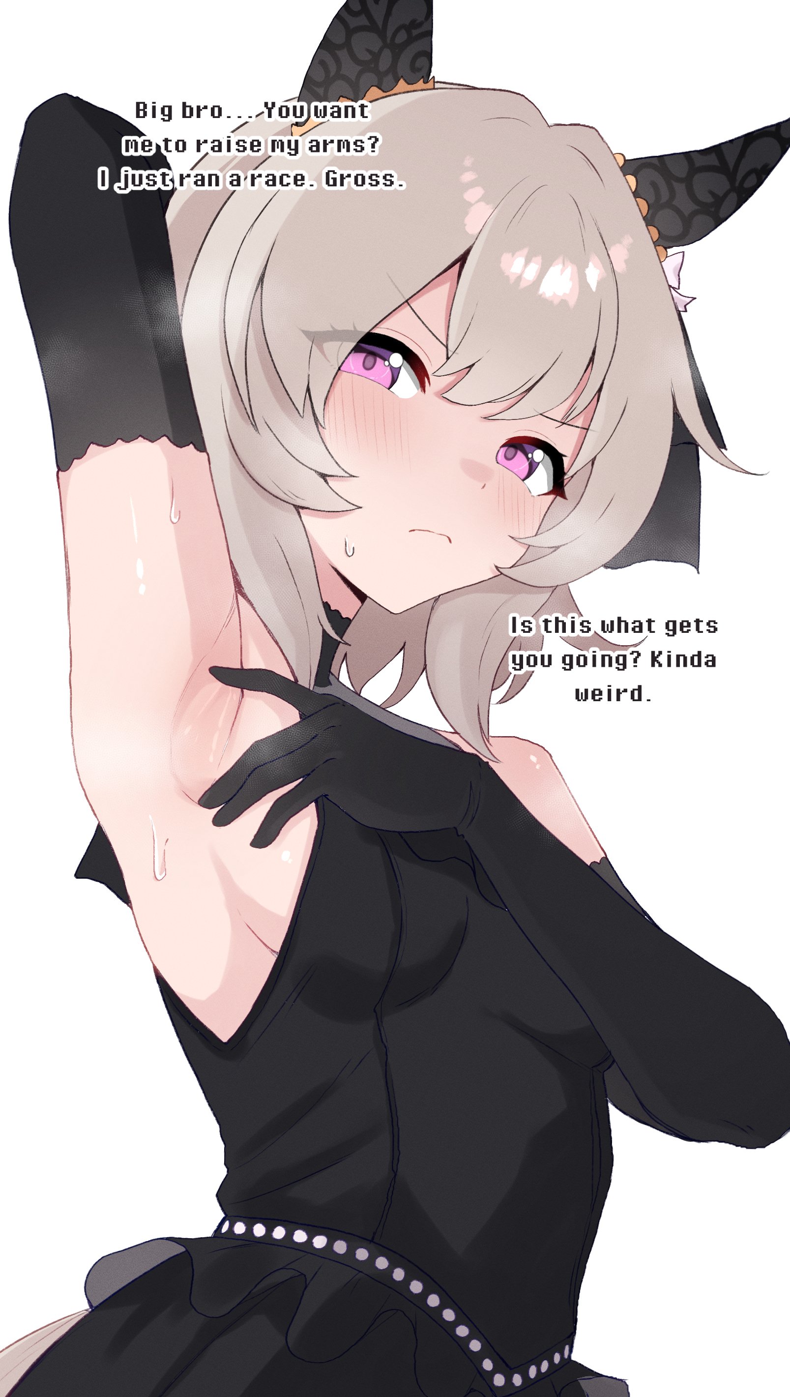 1girl, arm up, armpits, black dress, black gloves, curren chan (umamusume), disgusted, elbow gloves, english text, grey hair, horse ears, horse girl, nyaivie, presenting armpit, purple hair, short hair, sleeveless, small breasts, solo, umamusume, umamusume pretty derby