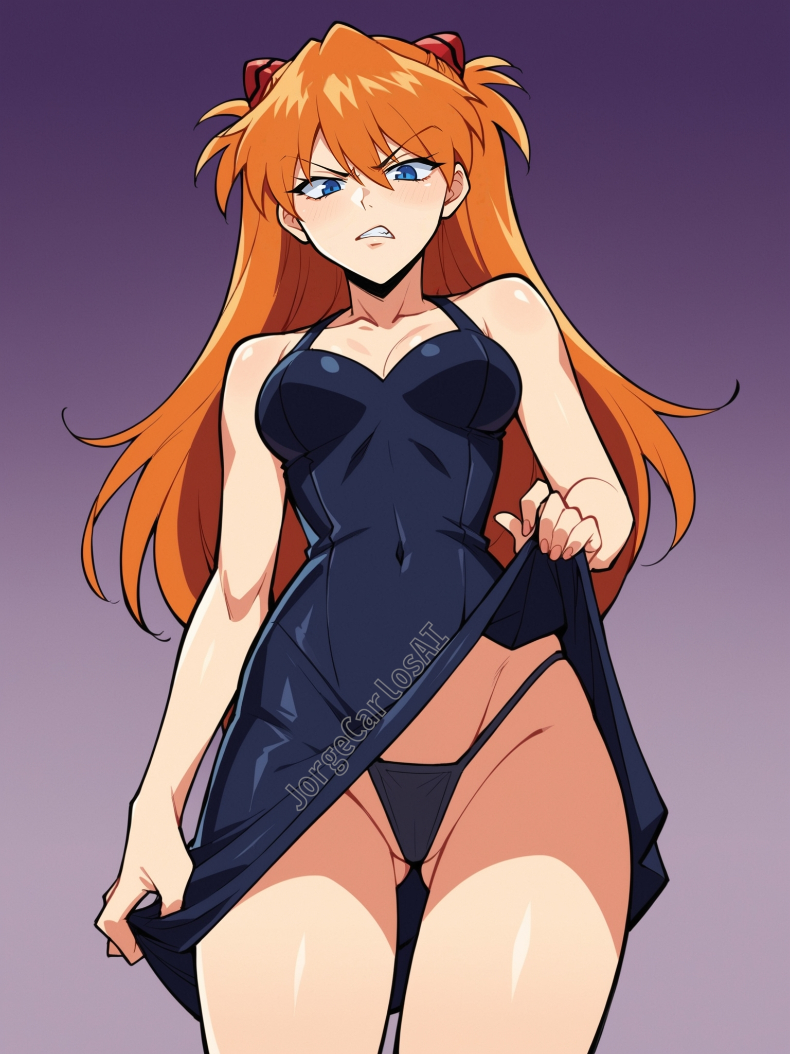 1girls, 2024, 2d, ai generated, angry, angry face, artist name, ass, ass visible through thighs, asuka langley sohryu, black dress, black panties, blue eyes, breasts, butt fang, cleavage, dress, female, female focus, female only, gradient background, human, human female, human only, jorgecarlosai, light skin, light-skinned female, long hair, looking at viewer, looking down, medium breasts, neon genesis evangelion, no sex, orange hair, panties, presenting, presenting panties, realistic breast size, realistic proportions, showing panties, skirt lift, solo, solo female, teenage female, teenager, thighs, thong, toned, underwear
