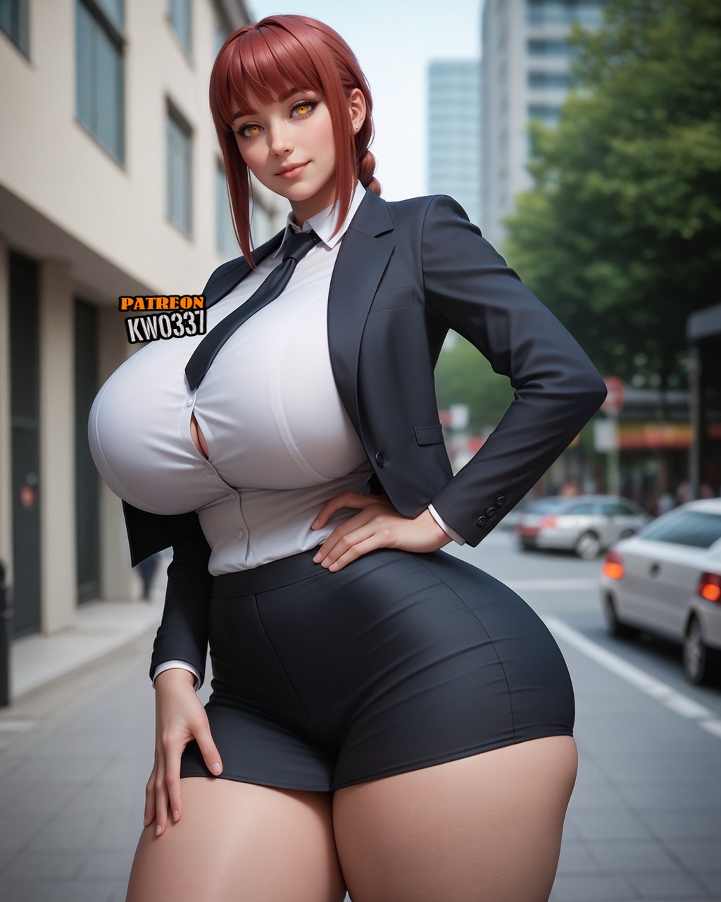 1girls, ai generated, big breasts, breasts, chainsaw man, female, female only, kw0337, makima (chainsaw man), maroon hair, office lady, red hair, solo, solo female