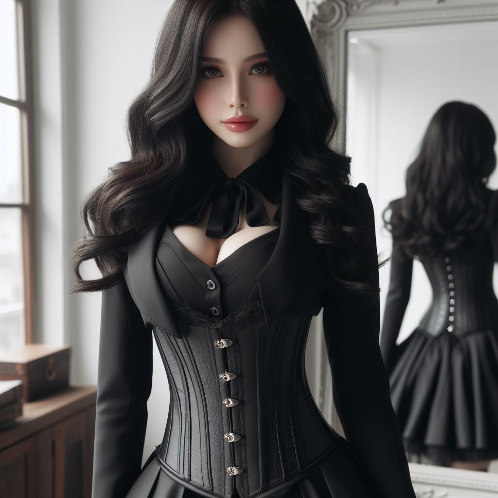 1girls ai_generated big_breasts bing_image_creator black_clothes black_hair breasts brixtos cleavage corset large_breasts lips original original_character pale-skinned_female pale_skin red_lipstick skirt solo solo_female solo_focus