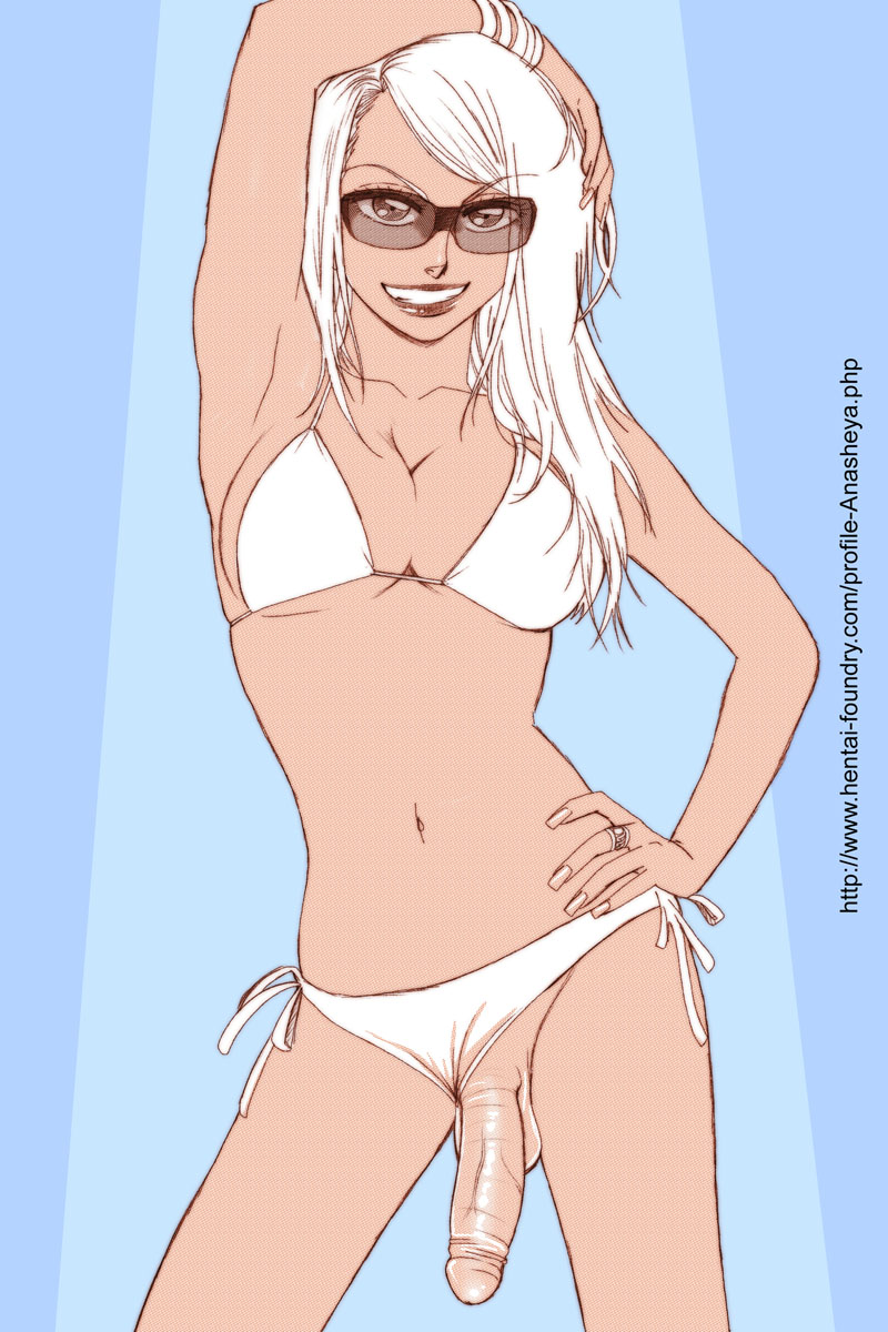 1futa, 2d, anasheya, balls, big penis, bikini, bikini aside, bracelet, cleavage, dickgirl, digital art, futa only, futanari, glasses, hand on hip, hand over head, hentai foundry, human, human only, intersex, light skin, light-skinned futa, long hair, navel, open smile, partially colored, penis, ring, smile, smiling, smiling at viewer, solo, solo futa, sunglasses, testicles, white bikini bottom, white bikini top