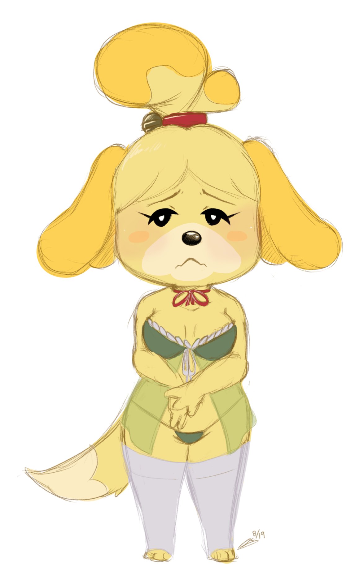 animal_crossing bluechika blush bra breasts female furry isabelle_(animal_crossing) panties shy thighhighs thong transparent_clothing