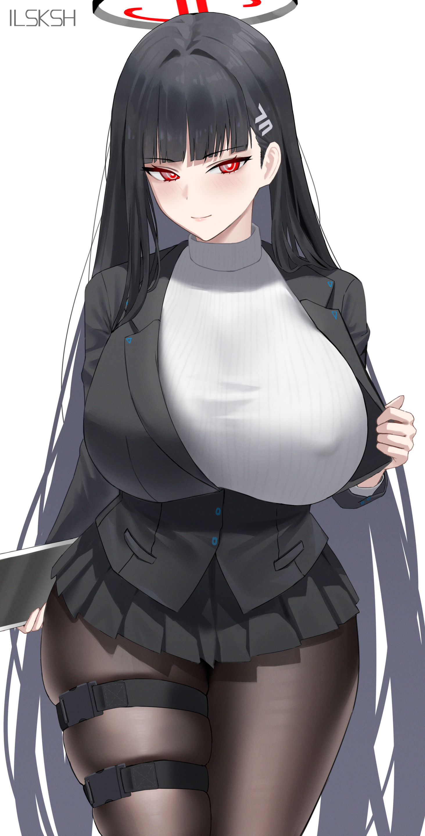 1girls, artist request, black hair, blue archive, breasts, clothed, clothed female, erect nipples, erect nipples under clothes, female, halo, hi res, huge breasts, large breasts, light skin, light-skinned female, long hair, nipples, red eyes, rio (blue archive), thick thighs, undressing, wide hips