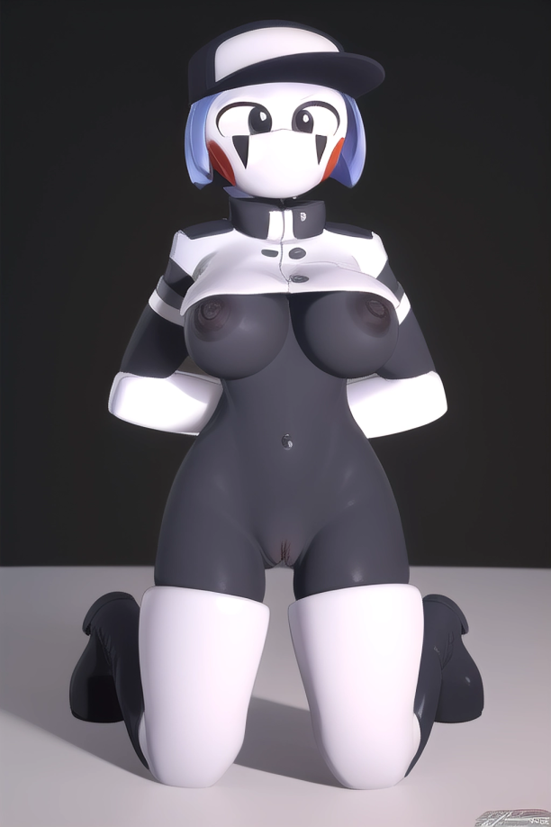 ai_generated arms_behind_back black_eyes blue_hair boots cap collared_shirt female female five_nights_at_freddy's five_nights_at_freddy's:_security_breach hat kneeling looking_at_viewer mouthless nipples no_mouth on_knees perky_breasts perky_nipples pixai pussy red_cheeks robot_girl robot_humanoid short_hair simple_background solo staff_bot_(security_breach) stuffbot stuffbot(nightbotgrey) tank_top thighhighs vagina white_thighhighs