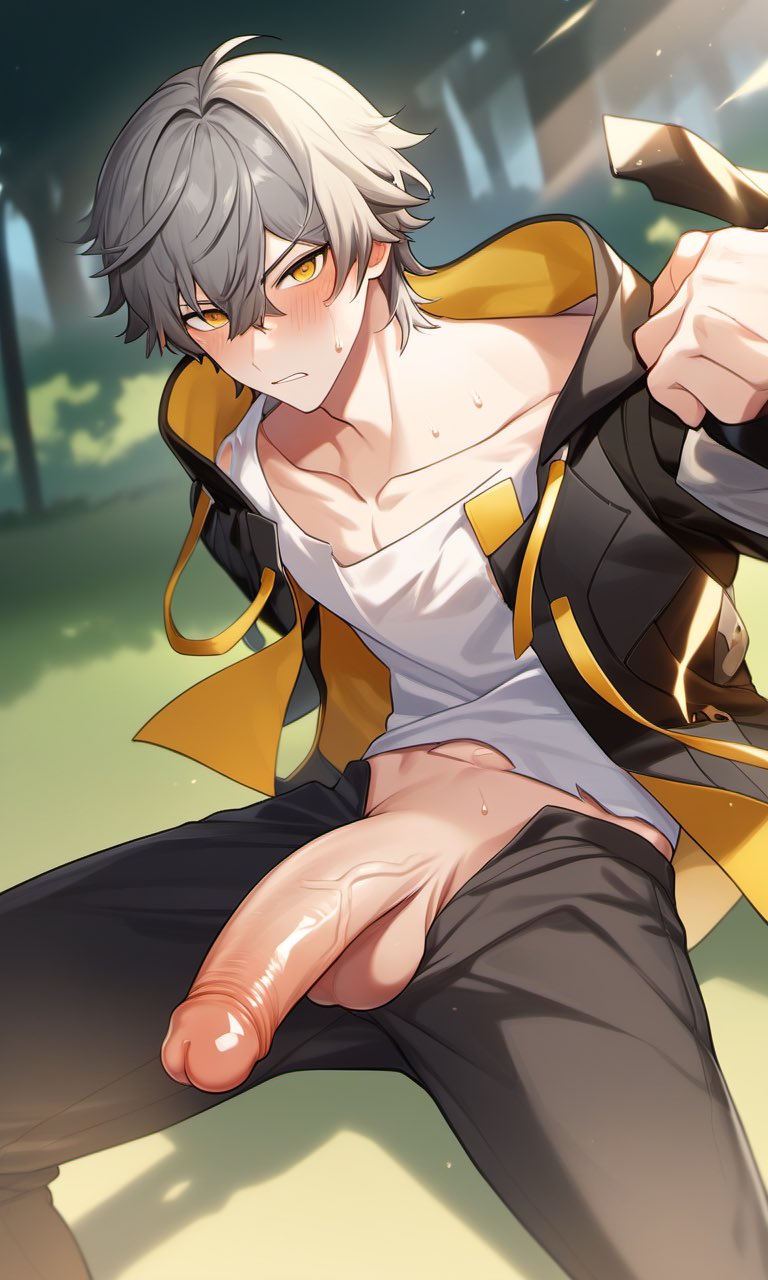 1boy ai_generated balls big_penis blush caelus_(honkai:_star_rail) gay grey_hair honkai:_star_rail male male_focus male_only penis penis_out pie_yo21 solo tagme yaoi yellow_eyes