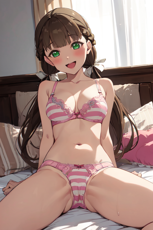 1female 1girls ai_generated bangs bed bedroom blush blushing_at_viewer bra breasts brown_hair female female_focus female_only green_eyes hands_behind_back happy happy_female lingerie long_hair looking_at_viewer love_live!_superstar!! medium_breasts normal_breasts panties sakurakouji_kinako sitting sitting_on_bed spread_legs