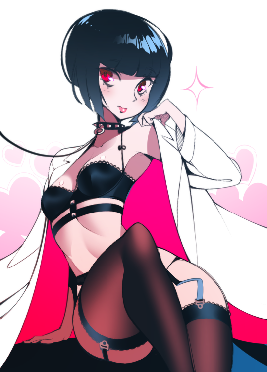 1girls black_bra black_hair black_lingerie bra breasts collar doctor garter_belt garter_straps halphelt labcoat leash lingerie medium_breasts midriff persona persona_5 red_eyes short_hair sitting studded_collar tae_takemi thighhighs