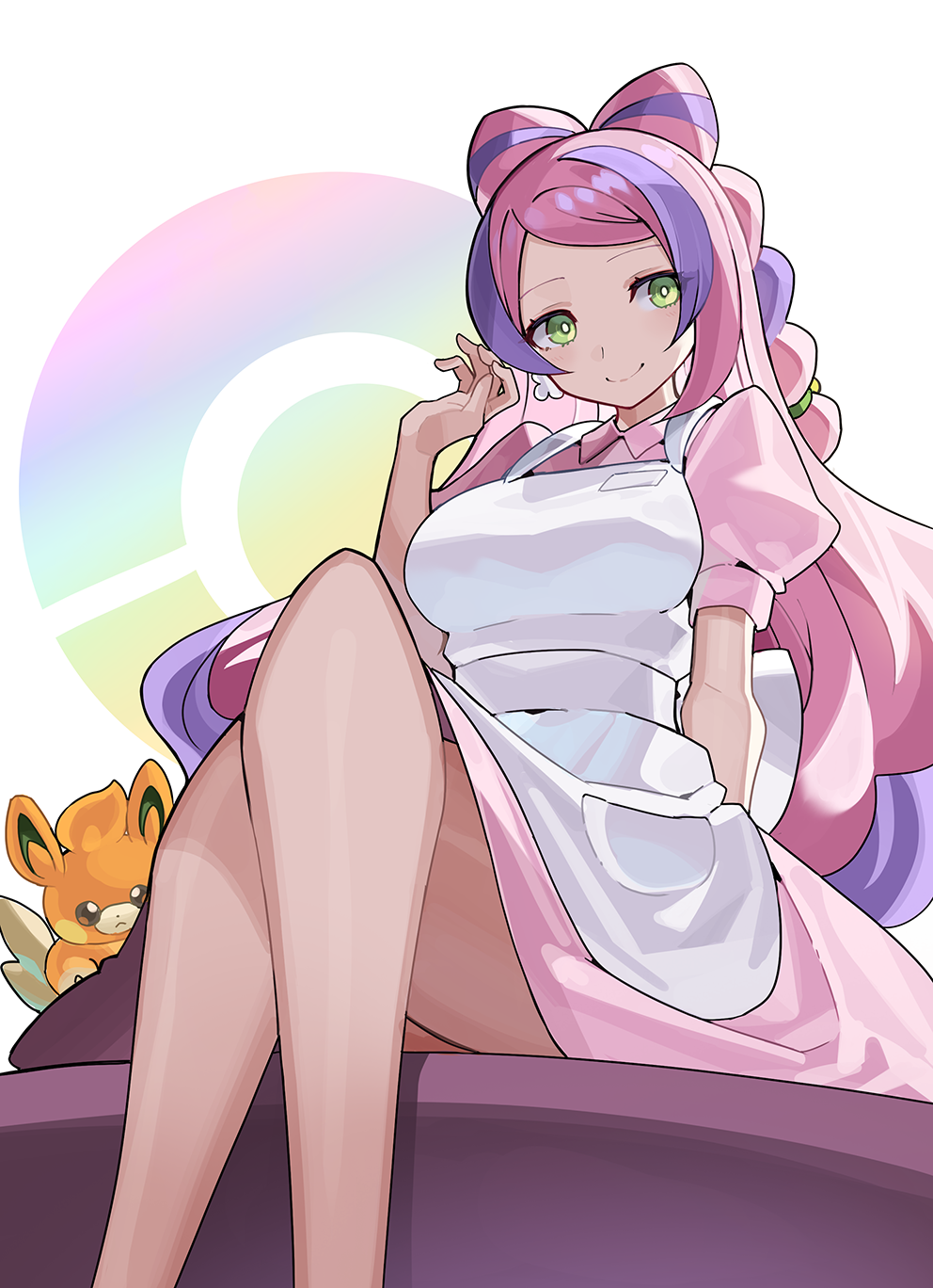 1girls apron breasts cosplay dress earrings falken_(yutozin) green_eyes large_breasts long_hair looking_at_viewer miriam_(pokemon) multicolored_hair nintendo nurse nurse_joy nurse_joy_(cosplay) nurse_uniform pawmi pink_dress pink_hair pokemon pokemon_sv purple_hair sitting