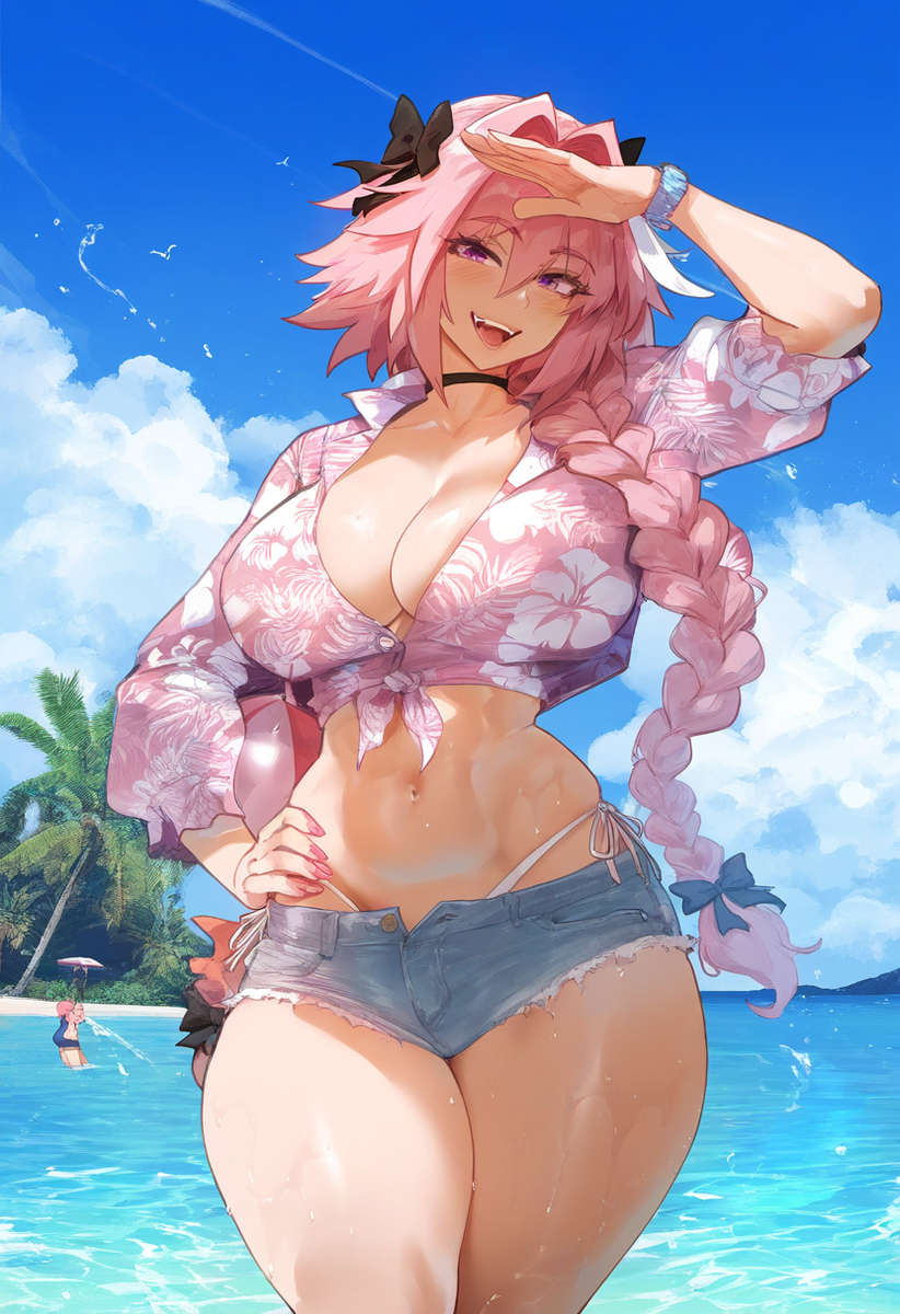1girls, 2d, ai generated, astolfo (fate), bare arms, bare legs, bare shoulders, bare thighs, big breasts, blush, breasts, clothed, clothing, color, denim shorts, fate (series), fate/apocrypha, fate/grand order, female, female focus, female only, genderswap (mtf), hi res, jean shorts, large breasts, light skin, light-skinned female, pink hair, purple eyes, rule 63, short hair, solo, solo female, thick thighs, tsunoko (artist)