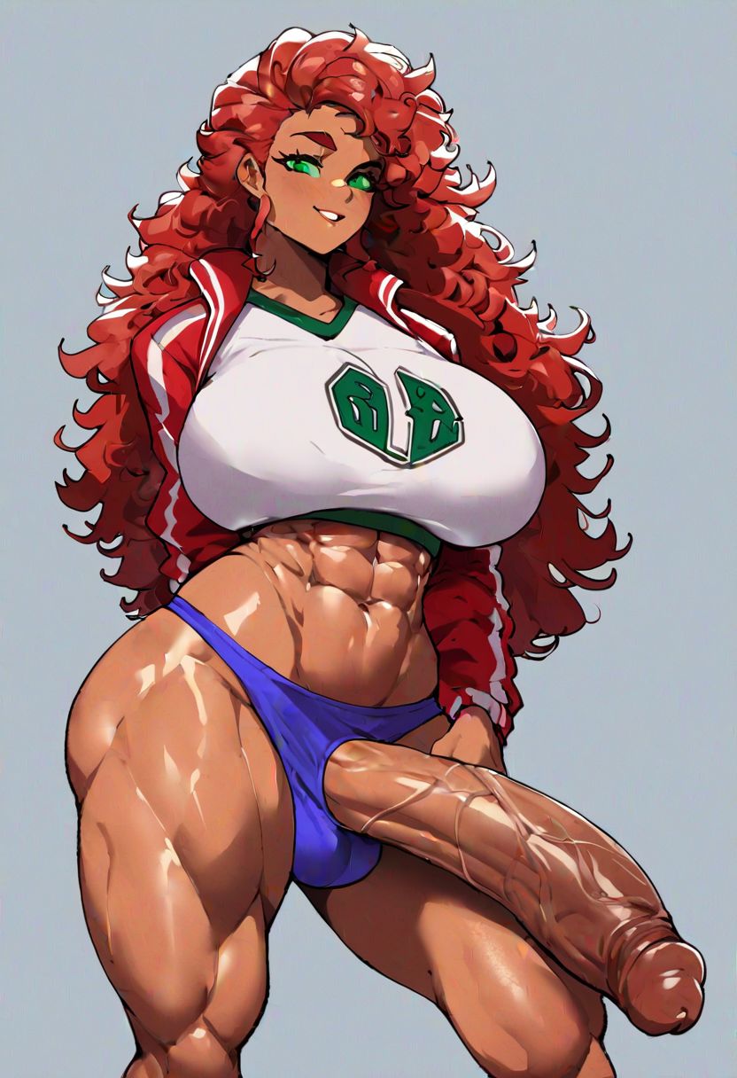 abs ai_generated breasts dc dc_comics futanari huge_ass huge_breasts huge_cock orange_skin red_hair roughtriumph starfire tagme teen_titans thick_thighs varsity_jacket