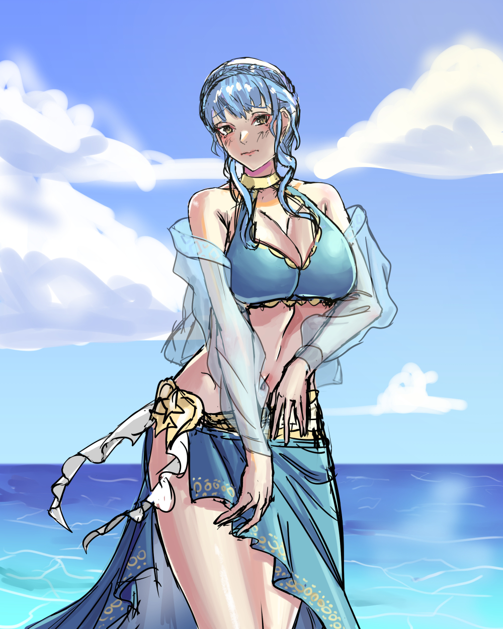 1girls alboeire alternate_costume bikini blue_bikini blue_hair blue_swimsuit breasts cleavage female female_only fire_emblem fire_emblem:_three_houses fire_emblem_heroes large_breasts light_blue_hair looking_at_viewer marianne_von_edmund marianne_von_edmund_(summer) nintendo ocean official_alternate_costume outdoors sarong see-through short_hair solo swimsuit