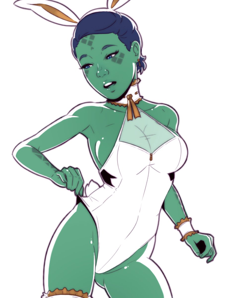 1female 1girl 2d alien alien_girl blue_hair bunny_ears bunnysuit dave_cheung female green_body green_skin jedi jedi_padawan mirialan parody_porn short_hair star_wars white_suit yara_larso