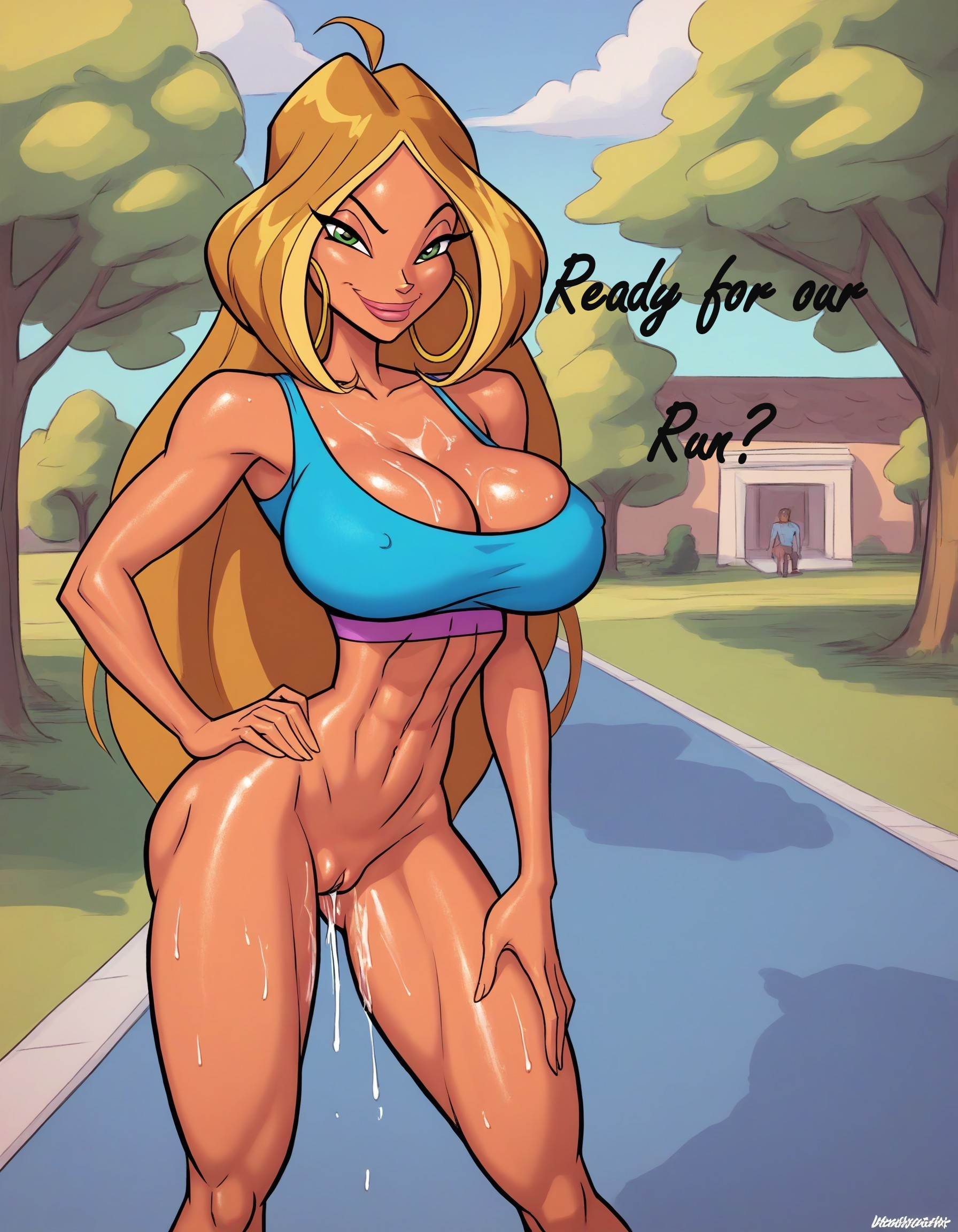 bottomless_female <b>flora</b>(<b>winx</b>_club) hand_on_hip huge_breasts smirk sports_br...