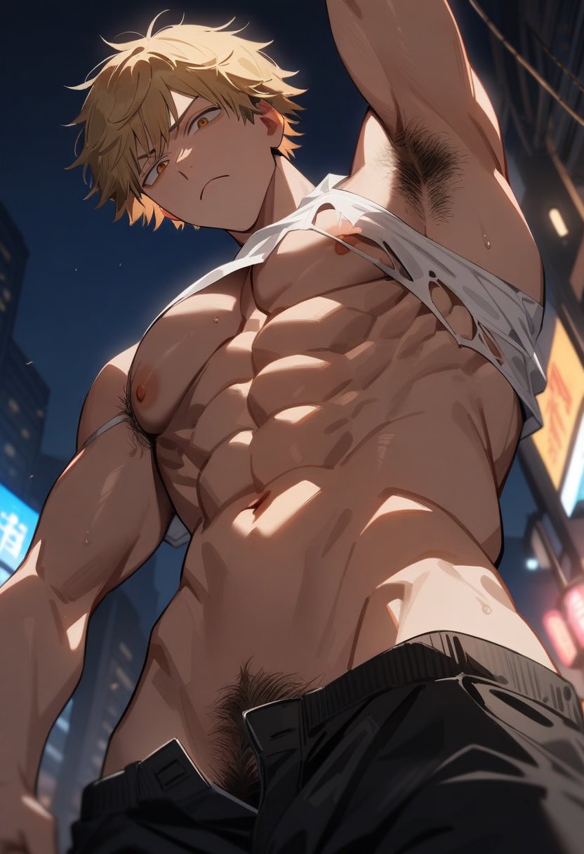 ai_generated chainsaw_man denji_(chainsaw_man) gay looking_at_viewer looking_down looking_down_at_viewer low-angle_view male male_only muscular muscular_male pie_yo21 solo tagme yaoi