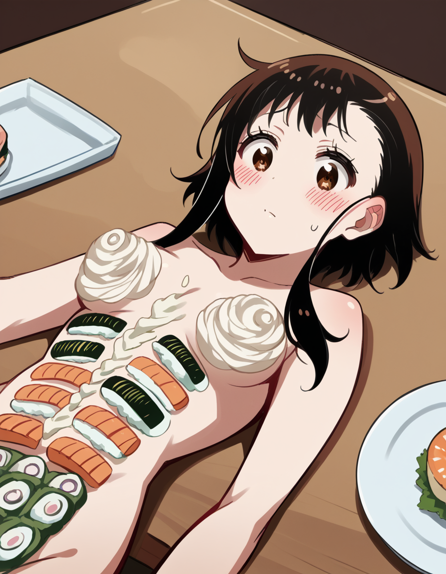 1girls ai_generated brown_eyes brown_hair civitai female female_focus nisekoi nochekaiser881 onodera_kosaki pale pale-skinned_female pale_skin pale_skinned_female sashimi sushi tagme