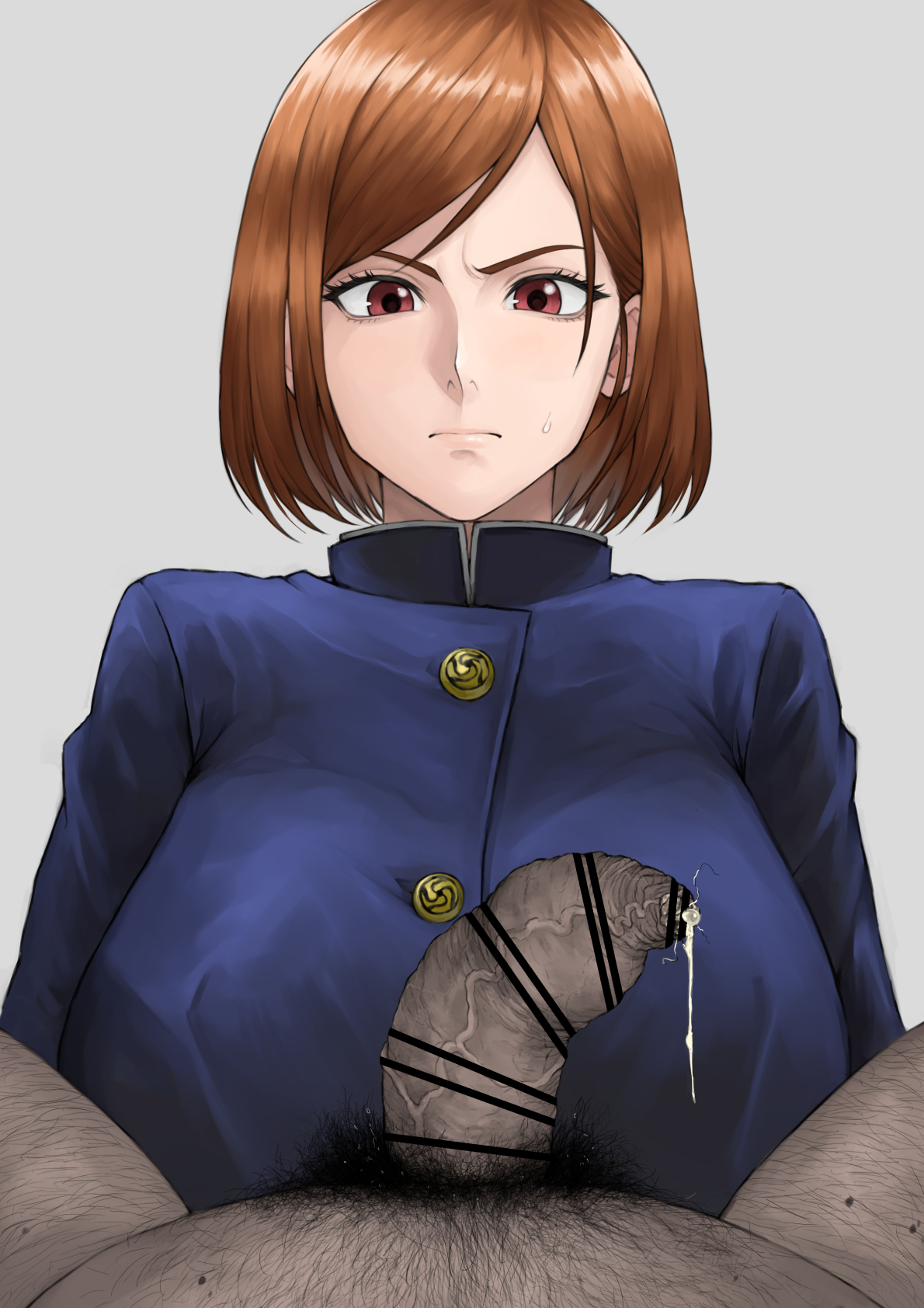 1boy, 1girls, angry, angry expression, angry eyes, angry face, angry sex, annoyed, annoyed expression, annoyed face, censored, dark-skinned male, erect penis, erection, excessive smegma, fat cock, fat male, female, foreskin, jujutsu kaisen, kugisaki nobara, male, no10 direct, penis, pubic hair, secretly loves it, smegma, stray pubic hair, uncircumcised, uncut, veiny penis