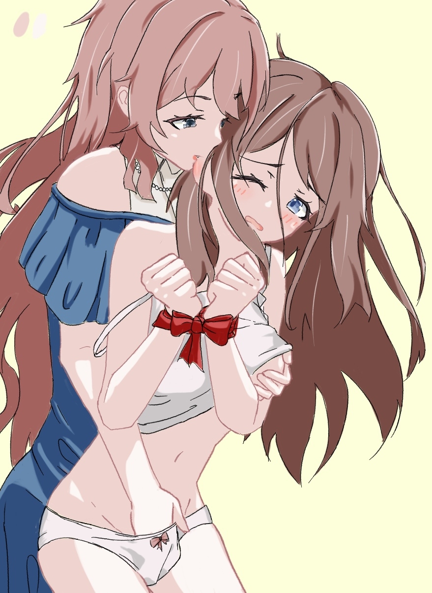 2girls bang_dream! bang_dream!_it's_mygo!!!!! biting biting_ear blue_dress blue_eyes blush bound bound_wrists bow bow_panties brown_hair camisole chihaya_anon chinese_commentary commentary_request cosplay costume_switch dress fingering grabbing_another's_breast grabbing_from_behind grey_eyes groping hand_in_another's_panties hand_in_panties highres jewelry long_hair looking_at_another mi_zhi_chashao_men_fan_fan multiple_girls nagasaki_soyo necklace one_eye_closed open_mouth panties pink_hair reaching simple_background underwear white_camisole white_panties yellow_background yuri