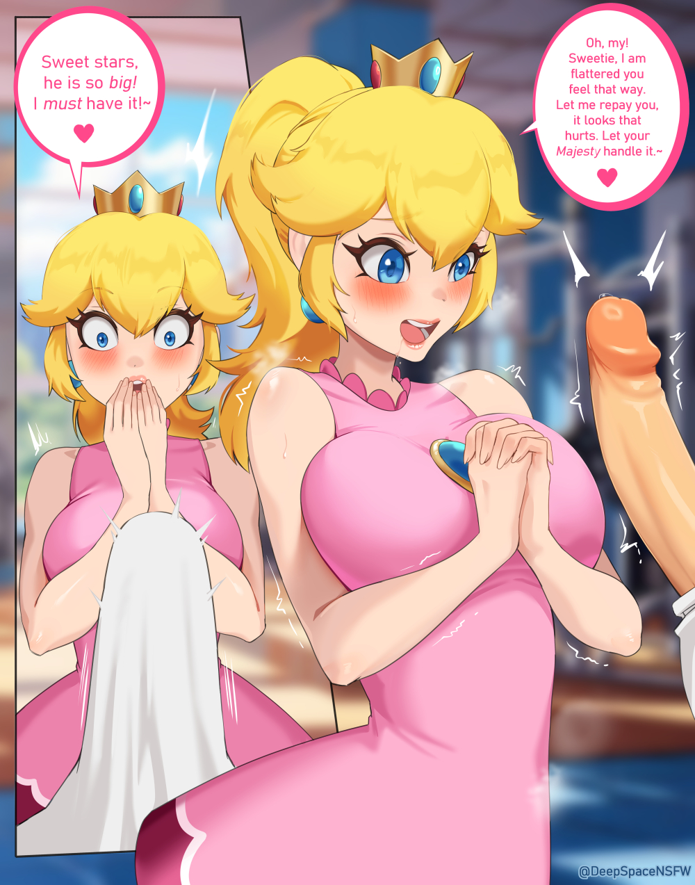 1girls 2d artist_name big_breasts big_penis blonde_hair cock cock_shock covering_mouth deepspace dick drooling english_text erection_under_clothes erection_under_clothing female huge_cock imminent_sex looking_at_penis mario_(series) mario_tennis nsfw penis penis_awe penis_out princess_peach small_but_hung sportswear straight text toad_(mario) watermark