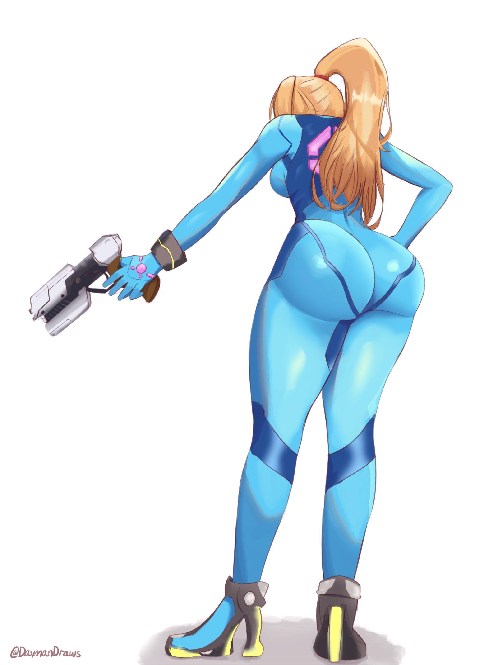 1girls, ass, ass focus, big ass, big butt, blonde hair, blue eyes, clothed, clothing, daymandraws, disgusted, female, female focus, female only, gun, high heels, huge ass, huge butt, light skin, light-skinned female, metroid, samus aran, solo, solo female, space, spaceship, spacesuit, thick ass, thick legs, thick thighs, tight clothes, tight clothing, tight fit, zero suit samus