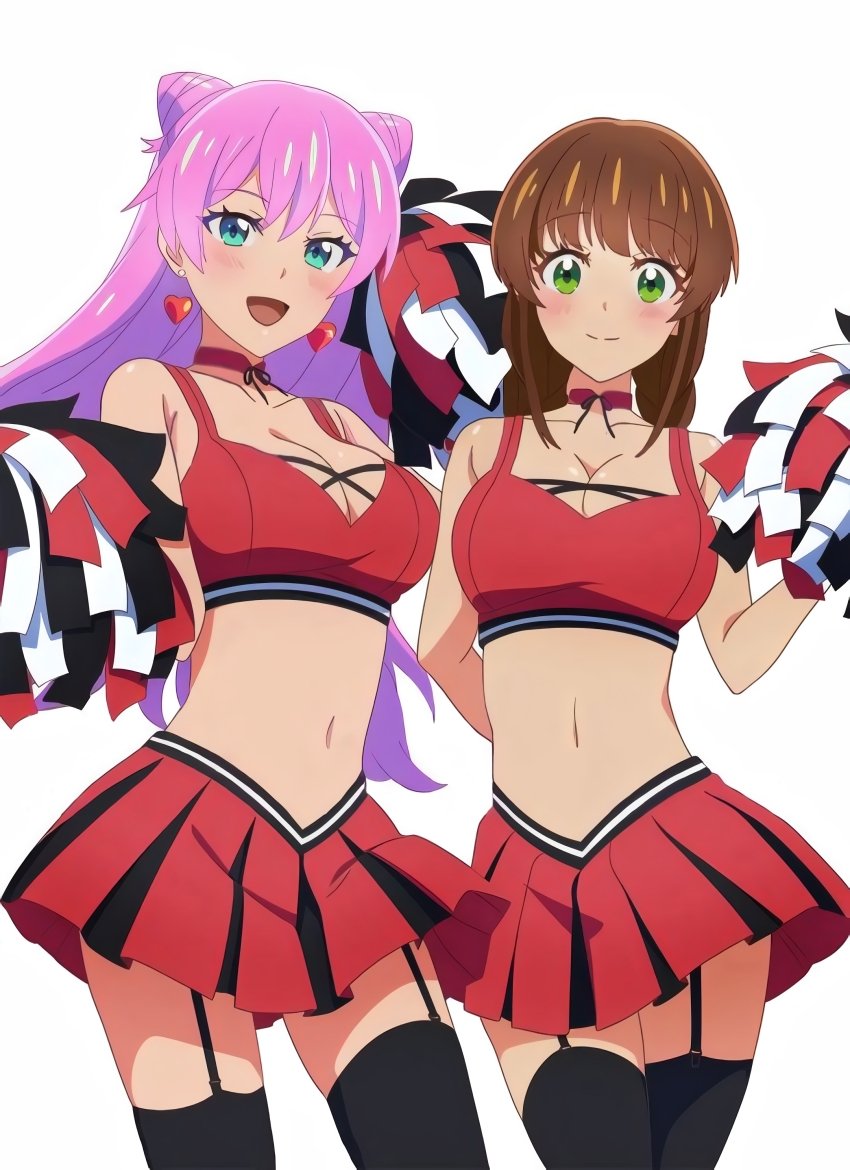 2girls blue_eyes blush brown_hair cheerleader cheerleader_outfit cheerleader_uniform fuufu_ijou_koibito_miman green_eyes official_art pink_hair sakurazaka_shiori stomach watanabe_akari