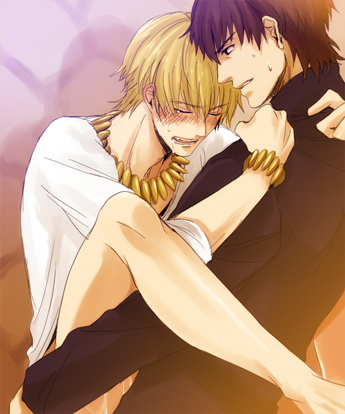 2boys anal blush bottomless clinging clothed_sex fate/stay_night fate/zero fate_(series) gilgamesh gilgamesh_(fate) kirei_kotomine lap_sex saliva sweat tears upright_straddle yaoi