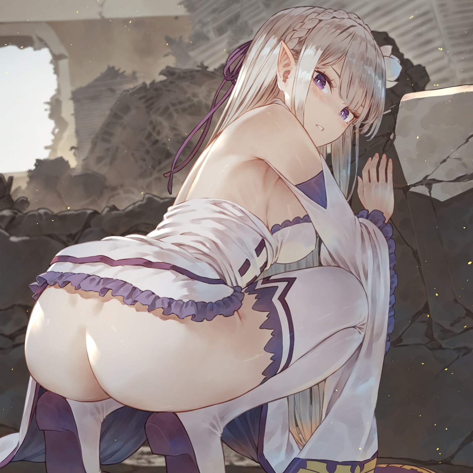1girls, ai generated, ass, ass focus, bare ass, bare back, elf, elf ears, elf female, elf girl, emilia (re:zero), female, goddess of victory: nikke, half naked, half-dressed, looking back, partially clothed, purple eyes, re:zero kara hajimeru isekai seikatsu, silver hair, solo, solo focus, thighs