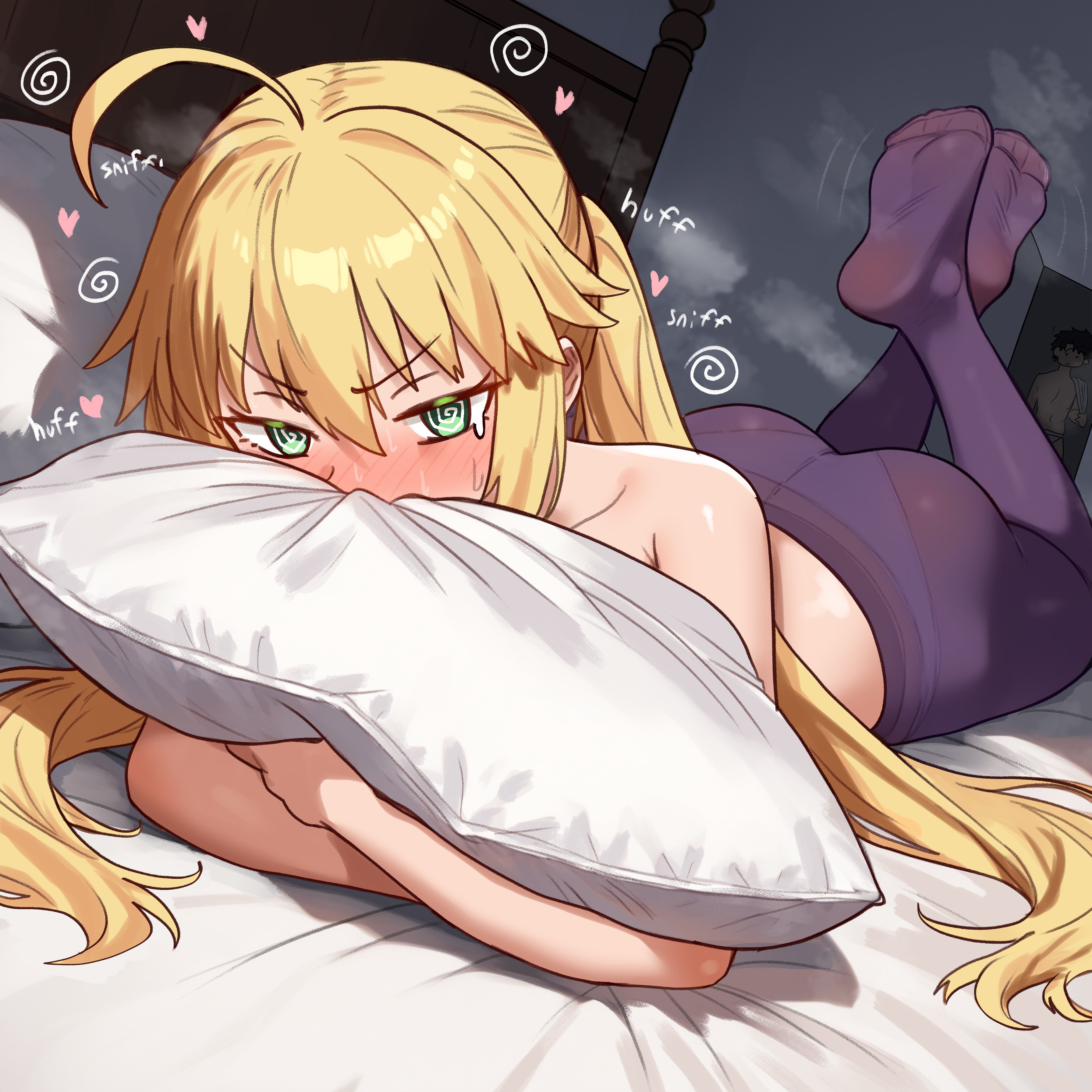 1girls, ahoge, artoria caster (fate), artoria pendragon, artoria pendragon (caster), ass, blonde hair, blush, breasts, ebora, embarrassed, fate (series), fate/grand order, feet, feet up, feet visible through clothing, female, green eyes, light skin, light-skinned female, long hair, panties, pantyhose, perky breasts, petite, soles of feet in stockings, thighs, toes visible through clothing, twintails, youngmanisdown