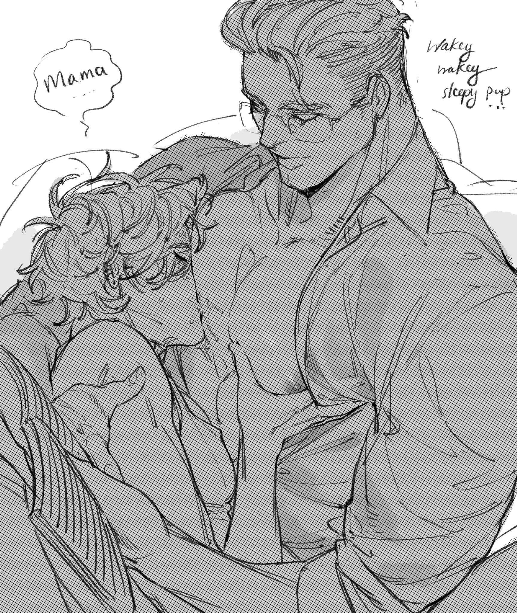 2boys, abs, bara, breastfeeding, breasts, daddy, dialogue, dilf, english, english text, gay, glasses, male, male only, mommy kink, muscular, muscular male, original characters, pecs, tehran (trangtora), trangtora, yaoi