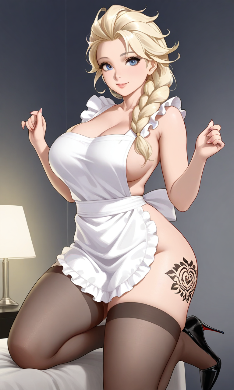 ai_generated bedroom big_breasts blonde_hair blue_eyes braided_hair chloenette69 elsa_(frozen) eyebrows eyelashes frozen_(film) high_heels large_ass large_breasts looking_at_viewer maid_uniform smiling_at_viewer solo_female stiletto_heels stockings tattoo thick_thighs