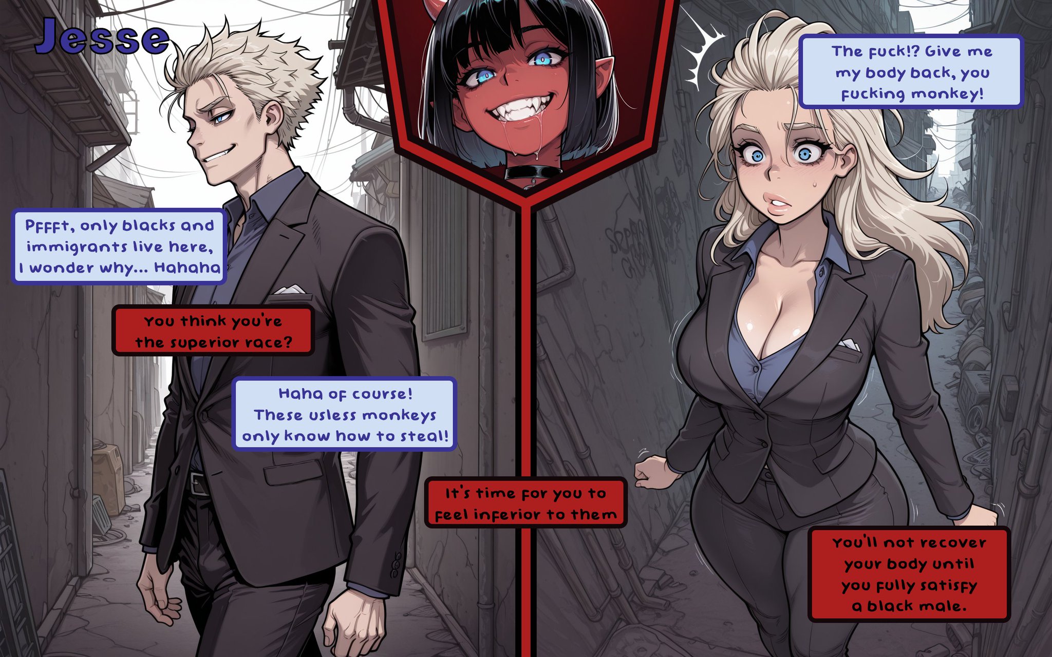 ai generated, alley, before and after, blonde hair, english, english text, gender transformation, genderbend, genderswap, genderswap (mtf), jesse (kinia), kinia, large breasts, racial slur, racism, revenge, rule 63, surprised, tagme, text