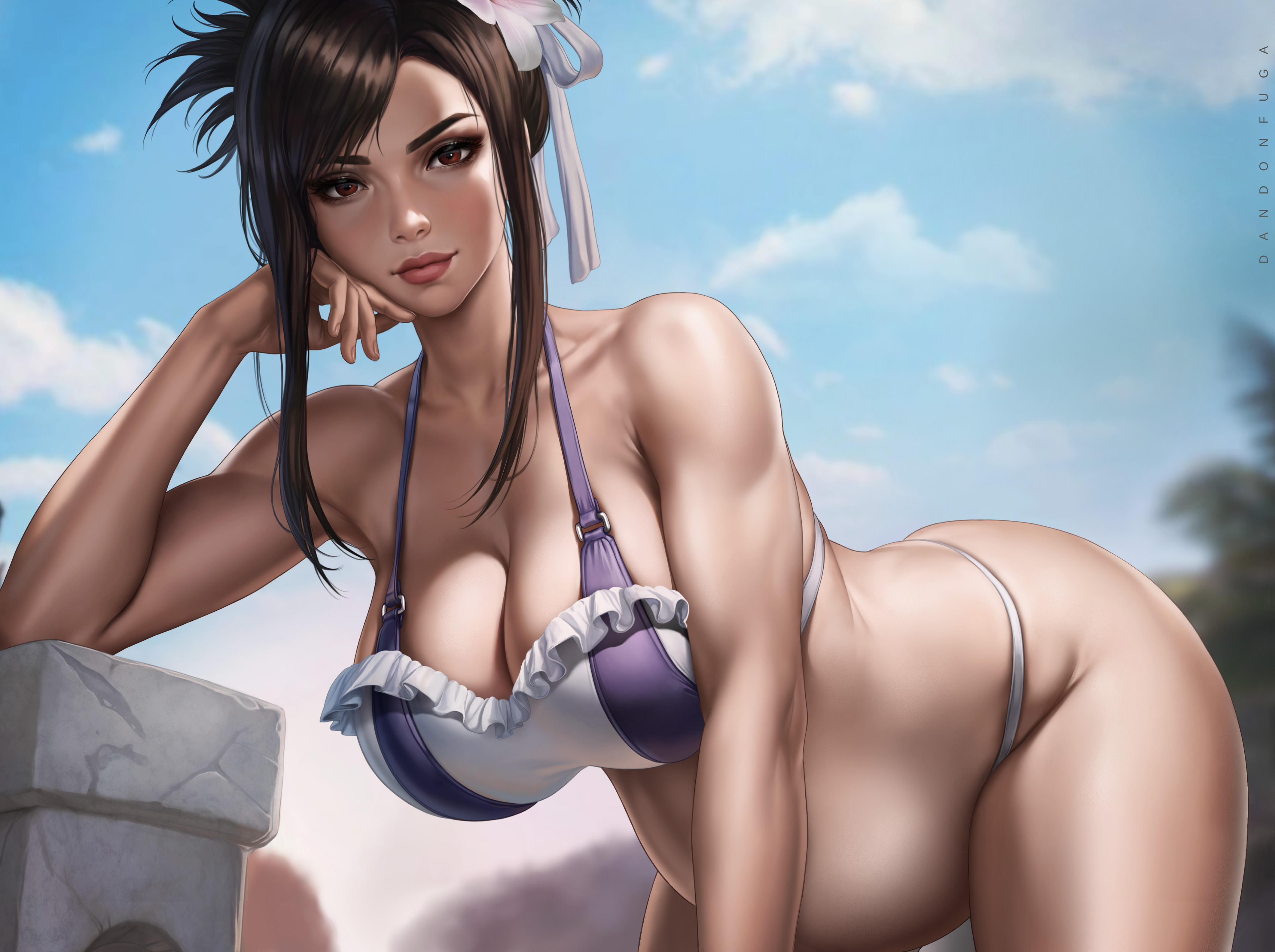 1girls, absurd res, absurdres, ass, athletic, athletic female, bare arms, bare shoulders, bare skin, belly, big belly, big breasts, bikini, bikini bottom, bikini top, bra, breasts, brown hair, busty, cleavage, clothed, clothing, dandon fuga, female, female focus, female only, final fantasy, final fantasy vii, final fantasy vii rebirth, final fantasy vii remake, flower, flower hair ornament, flower in hair, flower on head, hair ornament, hair tied, hair up, hanging belly, hanging breasts, high resolution, highres, huge belly, huge breasts, large belly, large breasts, large filesize, leaning, leaning forward, light skin, light-skinned female, looking at viewer, outdoor nudity, outdoors, outside, panties, pregnancy, pregnant, pregnant belly, pregnant female, red eyes, round belly, solo, solo female, solo focus, square enix, thick ass, thick butt, thick thighs, thighs, tifa lockhart, tifa lockhart (shining spirit), underwear, white bikini, white bikini bottom, white bikini top, white bra, white clothes, white clothing, white panties, white underwear