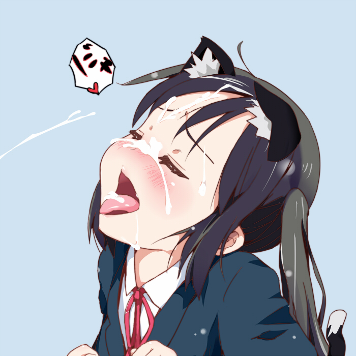 animal_ears azusa_nakano_(k-on!) black_hair blazer blush bukkake cat_ears cat_tail closed_eyes cum cum_in_mouth cum_on_tongue ejaculation facial female hachi_(orange) human human_only k-on! long_hair open_mouth school_uniform solo tail tied_hair tongue tongue_out twintails