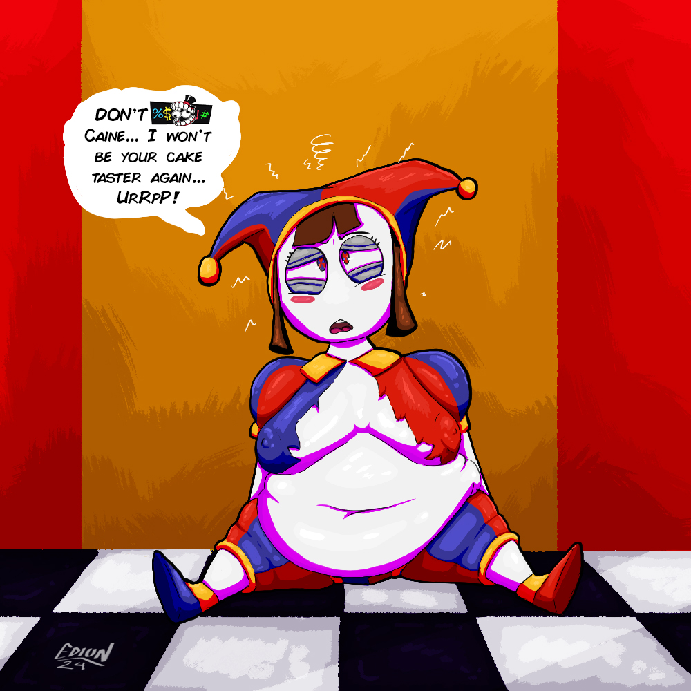 belly belly_button burp burping chubby chubby_female ediun obese pomni_(the_amazing_digital_circus) stuffed_belly stuffing the_amazing_digital_circus thick_legs weight_gain wide_hips