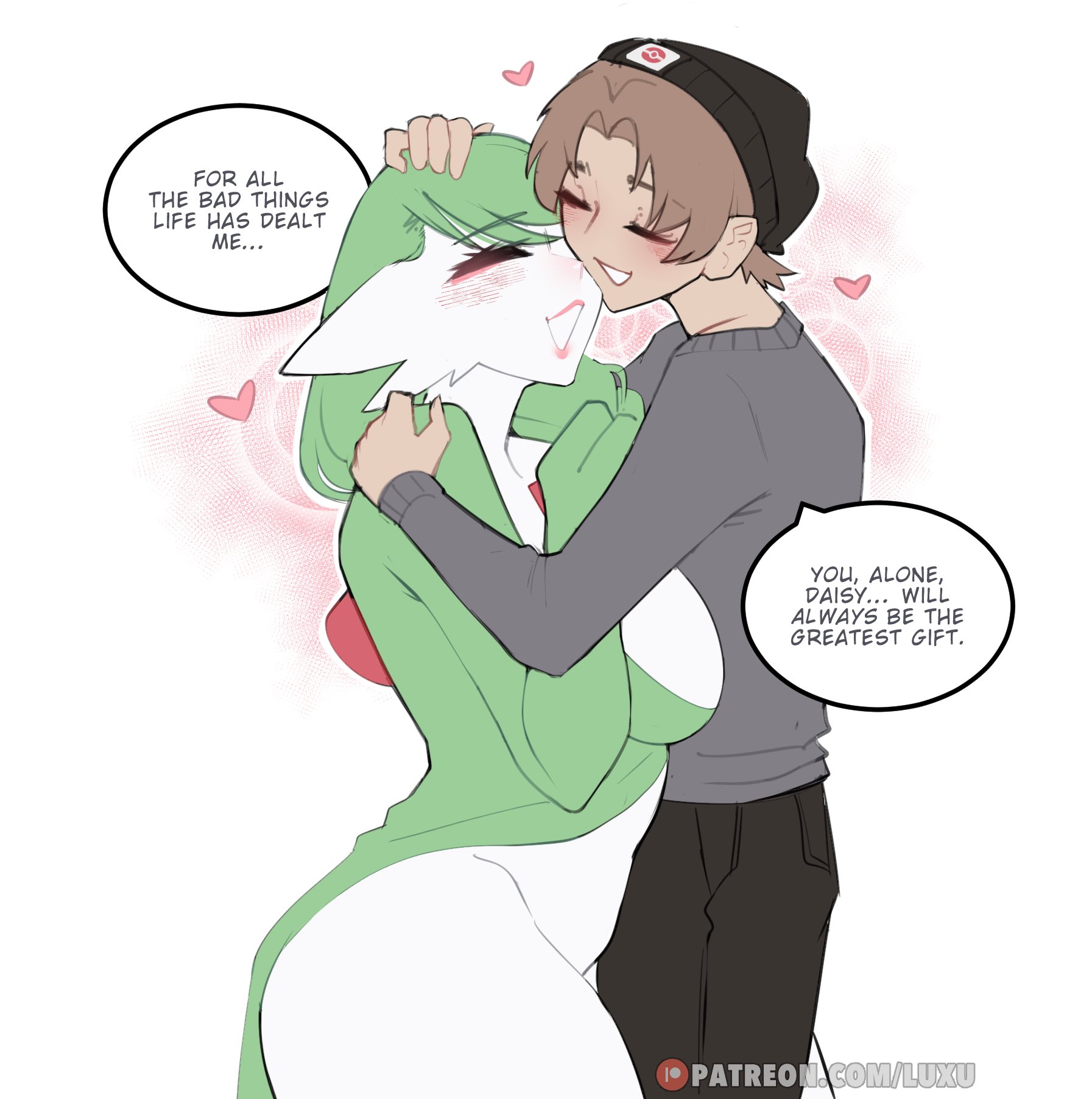 1boy, 1girls, blush, brown hair, closed eyes, cute, daisy (luxurias), dialogue, english text, female, gardevoir, generation 3 pokemon, green hair, heart, hi res, hugging, human, humanoid, love, luxurias, male, nintendo, pokemon, pokemon (species), speech bubble, text, text bubble, white background, wholesome
