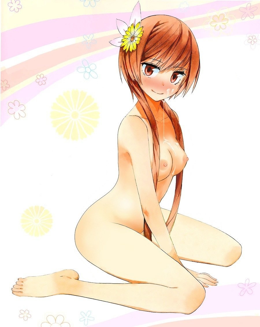 1girls areolae blush cum cum_on_breasts cum_on_face female female_only flower hair_flower hair_ornament nipples nisekoi orange_hair solo tachibana_marika