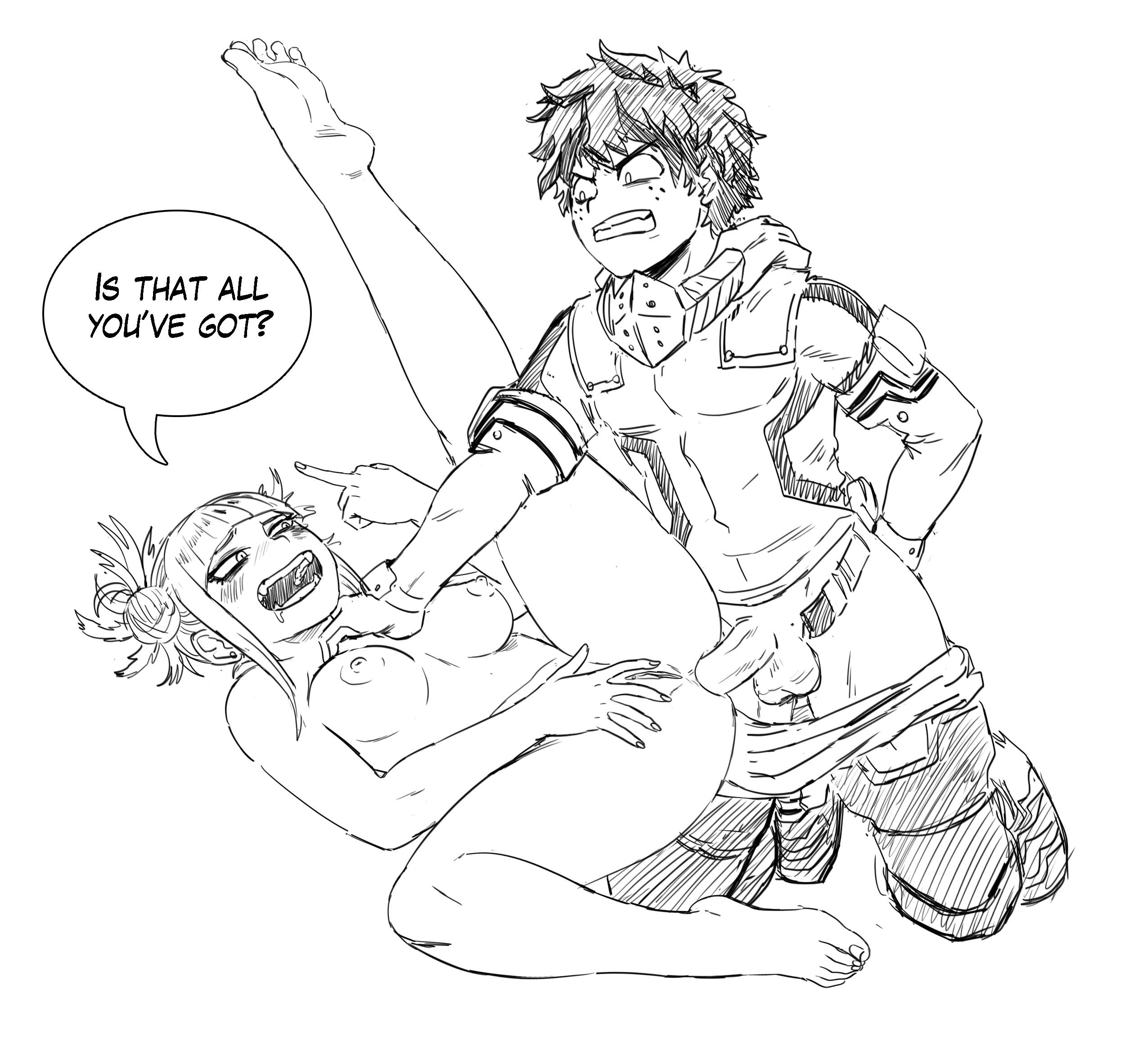 1boy, 1girls, anal, anal penetration, anal sex, angry, angry sex, balls, big balls, big breasts, big penis, big testicles, blush, blush lines, boku no hero academia, breasts, deku, double bun, enemies having sex, female, female penetrated, hand on back, himiko toga, huge breasts, huge cock, huge penis, izuku midoriya, izuku midoriya (hero outfit), legs up, long penis, male, male penetrating, male/female, messy hair, mfuncen, midoriya izuku, midoriya izuku (hero outfit), my hero academia, penis, pussy, smile, spread legs, testicles, toga himiko