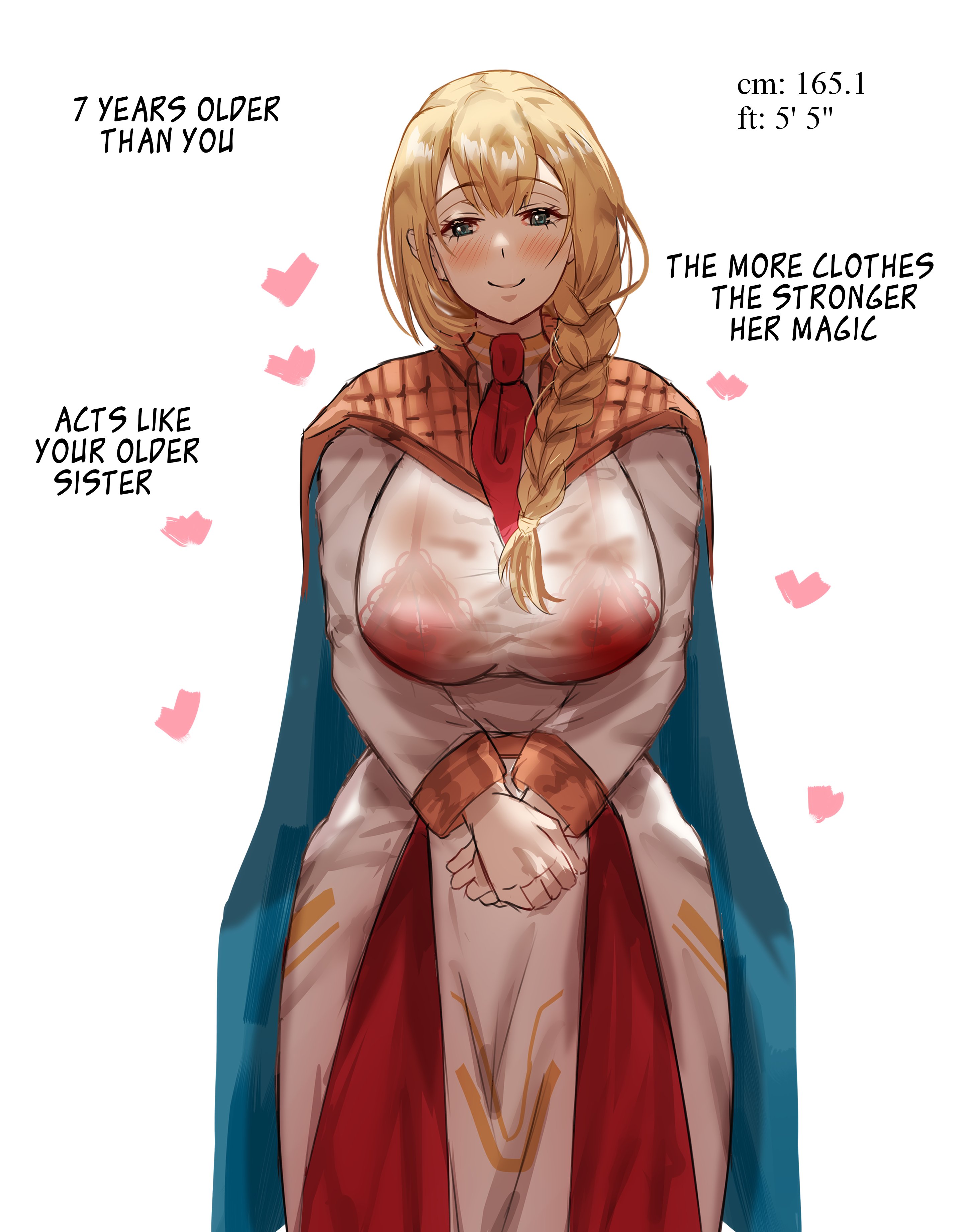 blonde hair, blue eyes, blush, bra, breasts, clothed, female, globining, huge breasts, jaenis sheepfield, see-through clothing, solo female