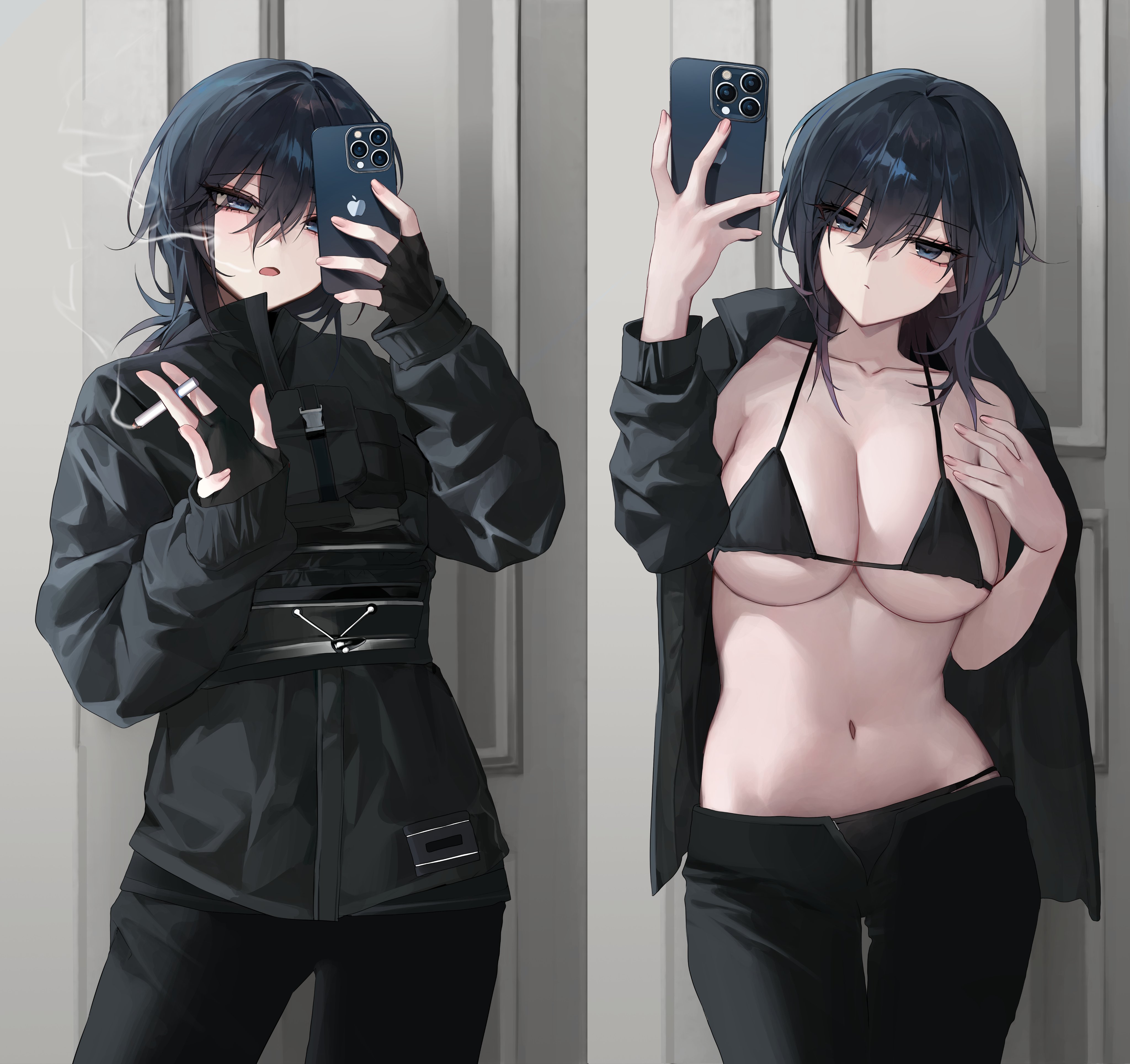 03 bara, 1girls, 2koma, belly button, black bra, black eyes, black hair, blush, bra, breasts, cigarette, cleavage, female, female only, huge breasts, ishimi yokoyama, light skin, light-skinned female, original, pants, phone, selfie, smartphone, smoke, smoking, solo