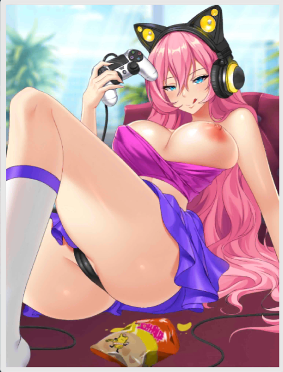 1girls big_breasts blue_eyes boob_out breasts gamer_girl nutaku pink_hair rhea_(sexy_beaches) sexy_beaches