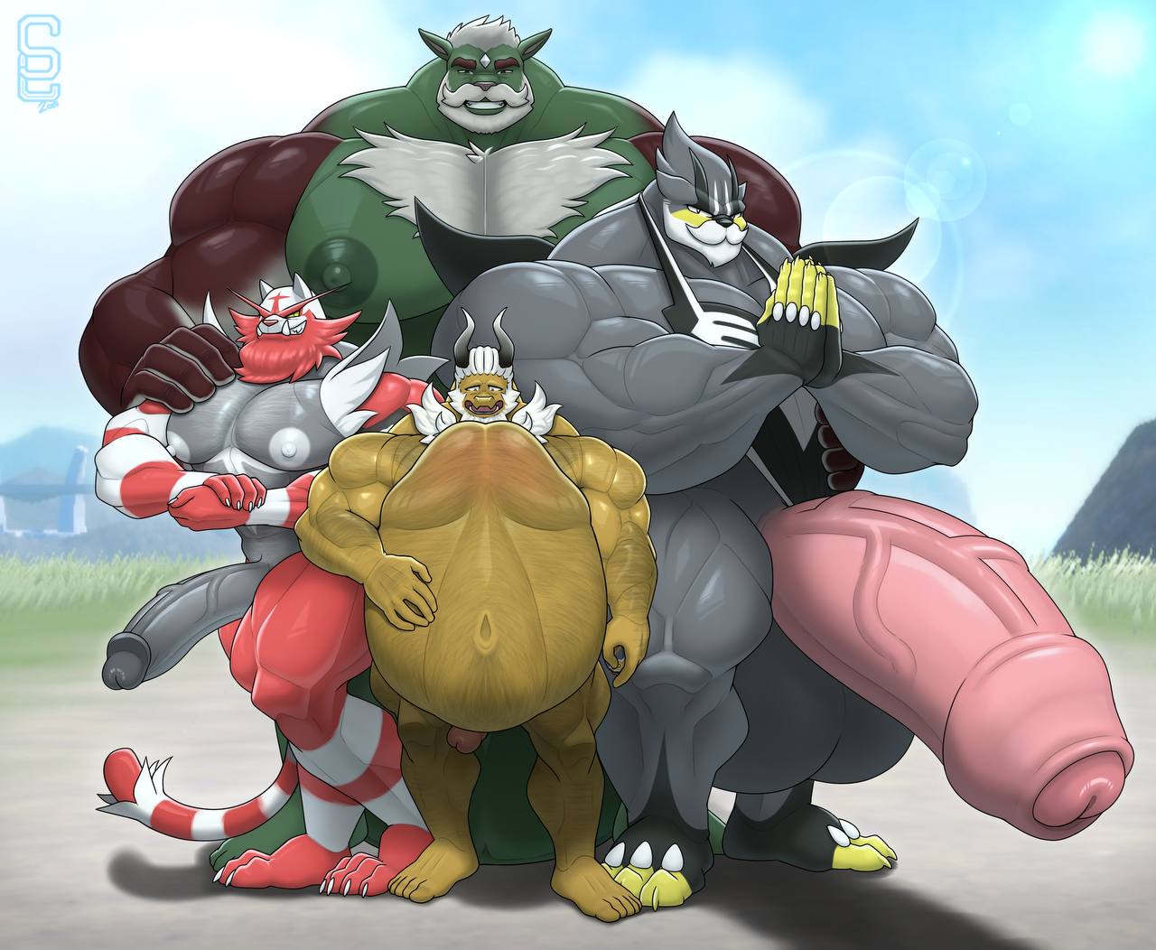 2024 anthro anthrofied belly belly_expansion big_muscles big_penis biped chesnaught digital_drawing_(artwork) digital_media_(artwork) expansion fan_character generation_6_pokemon generation_7_pokemon generation_8_pokemon genitals group huge_cock hyper hyper_genitalia hyper_penis incineroar legendary_pokemon male male/male muscular muscular_anthro muscular_male nintendo nude nude_anthro nude_male outside penis pokemon pokemon_(species) pokemorph shiny_pokemon signature solard0gg0 standing urshifu