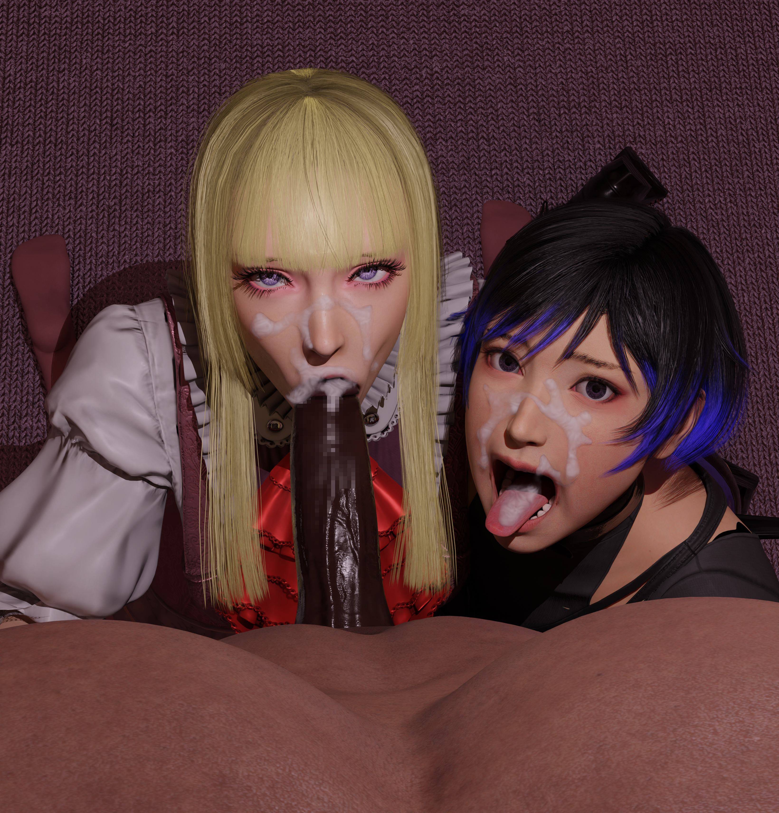 1boy, 2girls, 3d, bangs, big penis, black hair, blonde hair, blowjob, blue hair, brown eyes, censored, censored penis, cock worship, cum, cum on face, dark skin, dark-skinned male, emilie de rochefort, facial, fellatio, female, female focus, interracial, kneeling, light skin, light-skinned female, long hair, male, meta (artist), mosaic censoring, open mouth, penis, penis worship, pixelated, purple eyes, reina mishima, sex, short hair, tekken, tekken 8, tongue, tongue out, two-tone hair