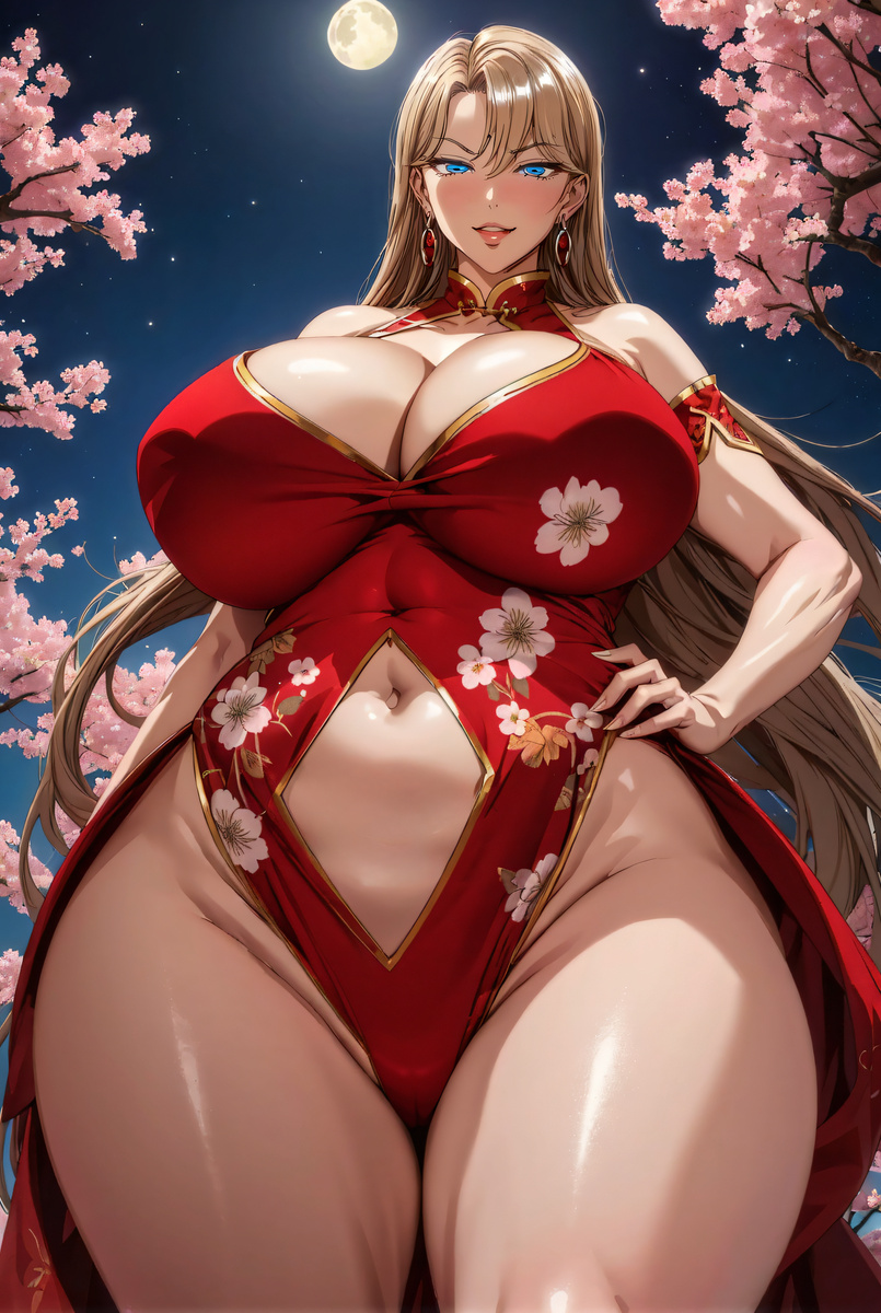 ai_generated bare_legs blonde_hair blue_eyes breasts_bigger_than_head china_dress chinese_clothes curvaceous curvy_female gigantic_breasts huge_breasts kurashiki_reika light-skinned_female light_skin long_hair looking_down mature_female milf pawg saimin_seishidou seductive_look seductive_smile shiromi_ai thick_thighs thighs thighs_bigger_than_head voluptuous voluptuous_female