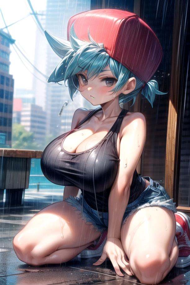 ai_generated anime_nose backwards_baseball_cap bag_on_head bare_shoulders bare_thighs baseball_cap big_breasts black_eyes black_tank_top blue_shorts blush blushing boyfriend_(friday_night_funkin) breasts breasts_together busty catching_a_cold city city_background cityscape clavicle curvy curvy_figure cute cyan_hair denim_shorts female_boyfriend_(friday_night_funkin) footwear friday_night_funkin front_heavy_breasts genderswap genderswap_(mtf) human jean_shorts kneeling knees looking_at_viewer mouth_closed no_nose on_knees outdoors outside pixai pixaj ponytail rain raining red_footwear red_knees red_sneakers rule_63 shoes short_hair shorts slight_blush small_but_busty sneakers solo spiked_hair tanktop thighs tiles topwear water_splash wet wet_clothes wet_clothing wet_floor wet_hair wet_skin wet_topwear