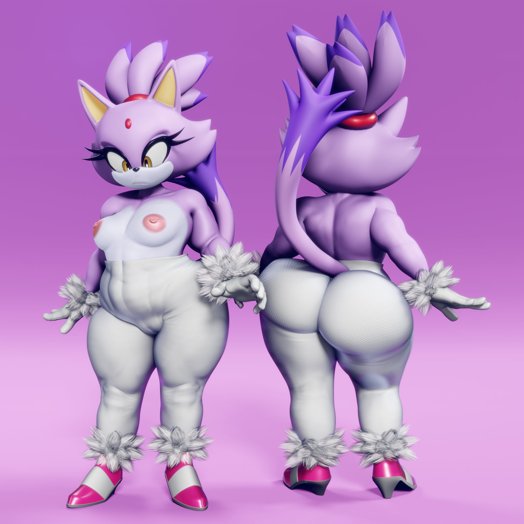 1girls, 3d, anthro, ass, big ass, blaze the cat, breasts, cameltoe, casual, cat ears, cat tail, clothing, feline, female, female only, footwear, handwear, high heels, looking down, pants, pink fur, pussy, pussy outline, small breasts, solo, solo female, sonic (series), sonic the hedgehog (series), topless, vulkyasha, white pants, yellow eyes