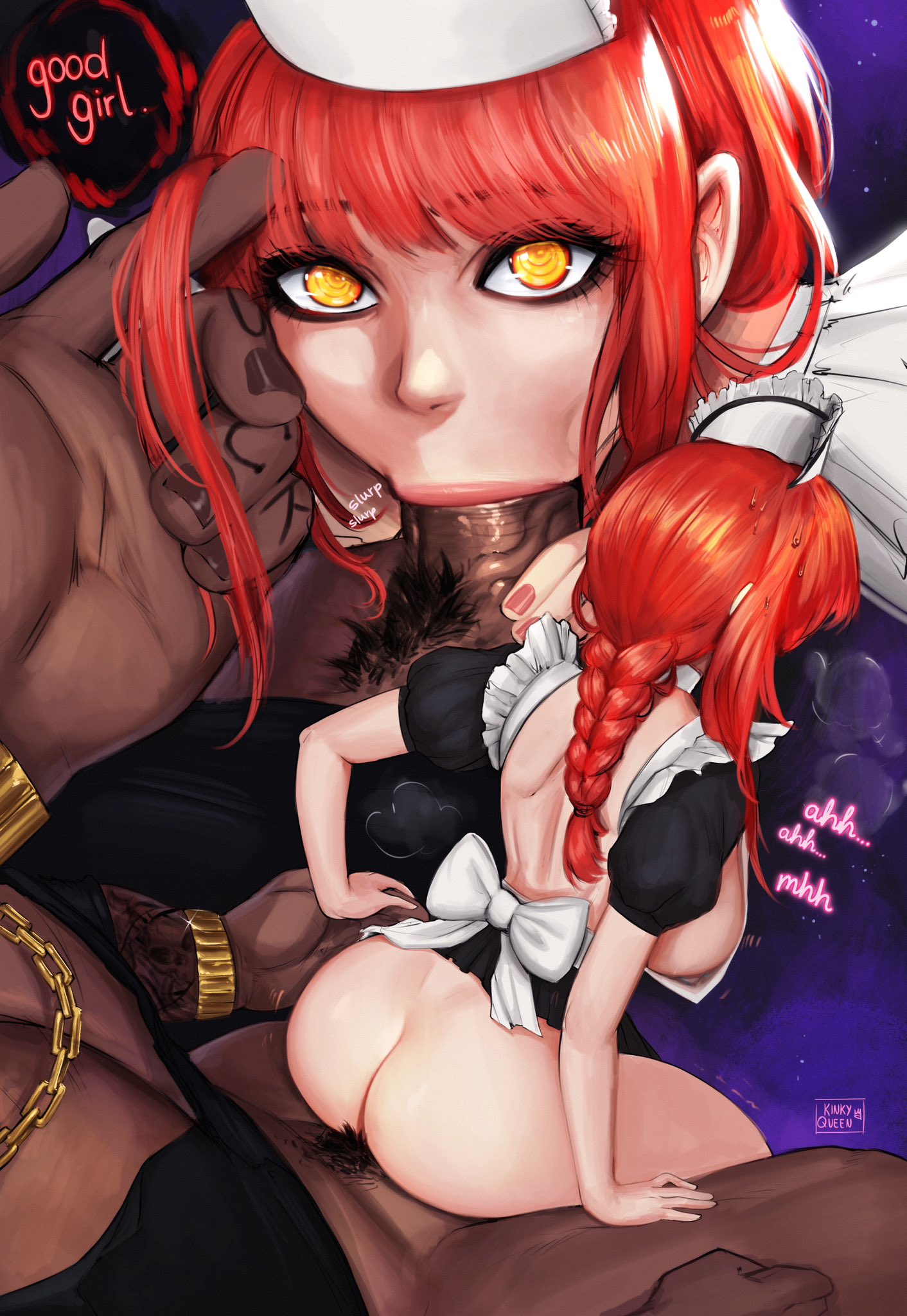 1boy, 1girls, ass, blowjob, braid, chainsaw man, dark skin, dark-skinned male, english text, fellatio, female, female focus, hi res, interracial, light skin, light-skinned female, looking at viewer, maid, maid headdress, maid uniform, makima (chainsaw man), male, my kinky queen, oral, pubic hair, red hair, submissive female, text, yellow eyes